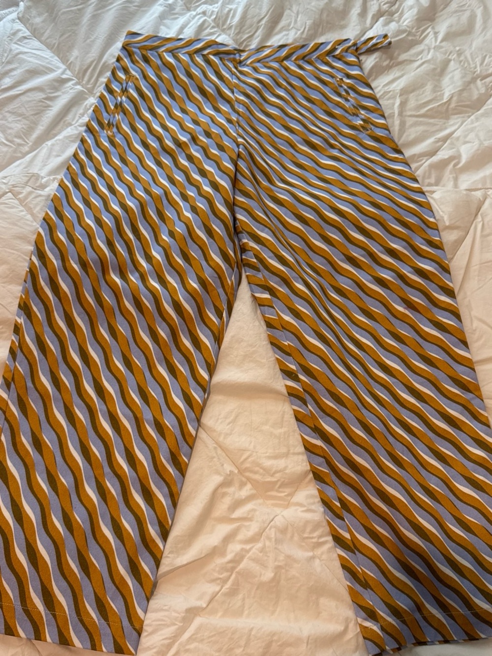 Anthropologie Straight Leg Wave-Stripe Pants in Mustard & Light Blue